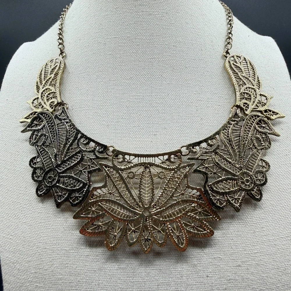 Antique Gold Tone Filigree Floral Bib Necklace Boho Statement Festival Jewelry